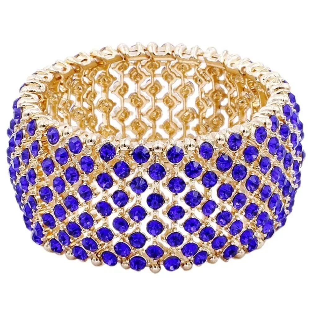 Yellow Gold & Blue Sapphire Austrian Crystal Tennis Stretchable Bracelet Bangle